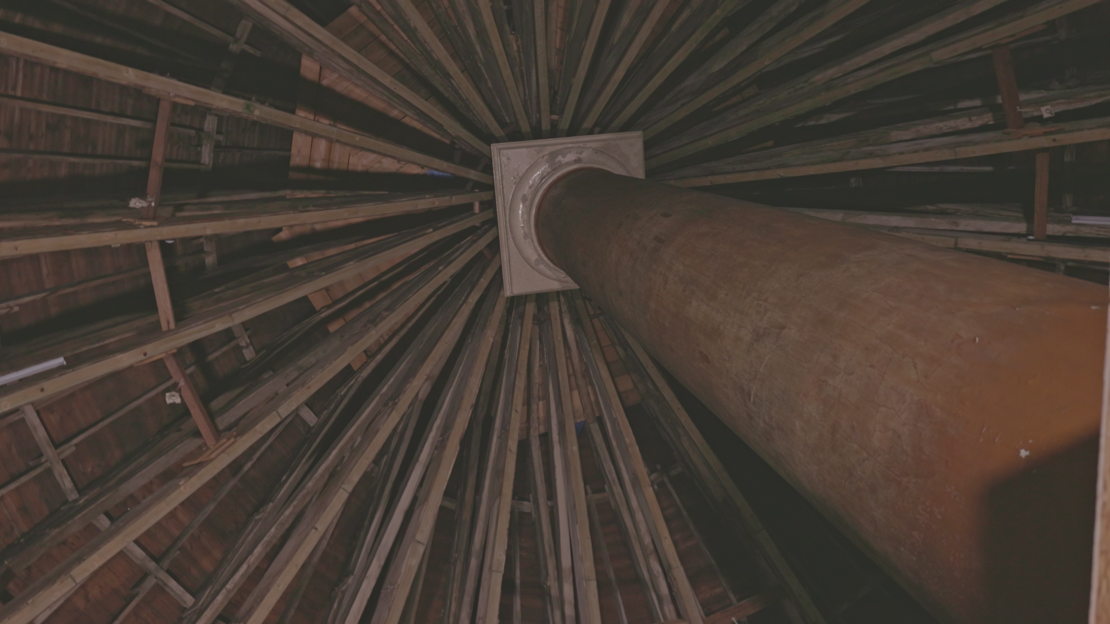 Looking up at the 24 rafters from below the Doric capital.