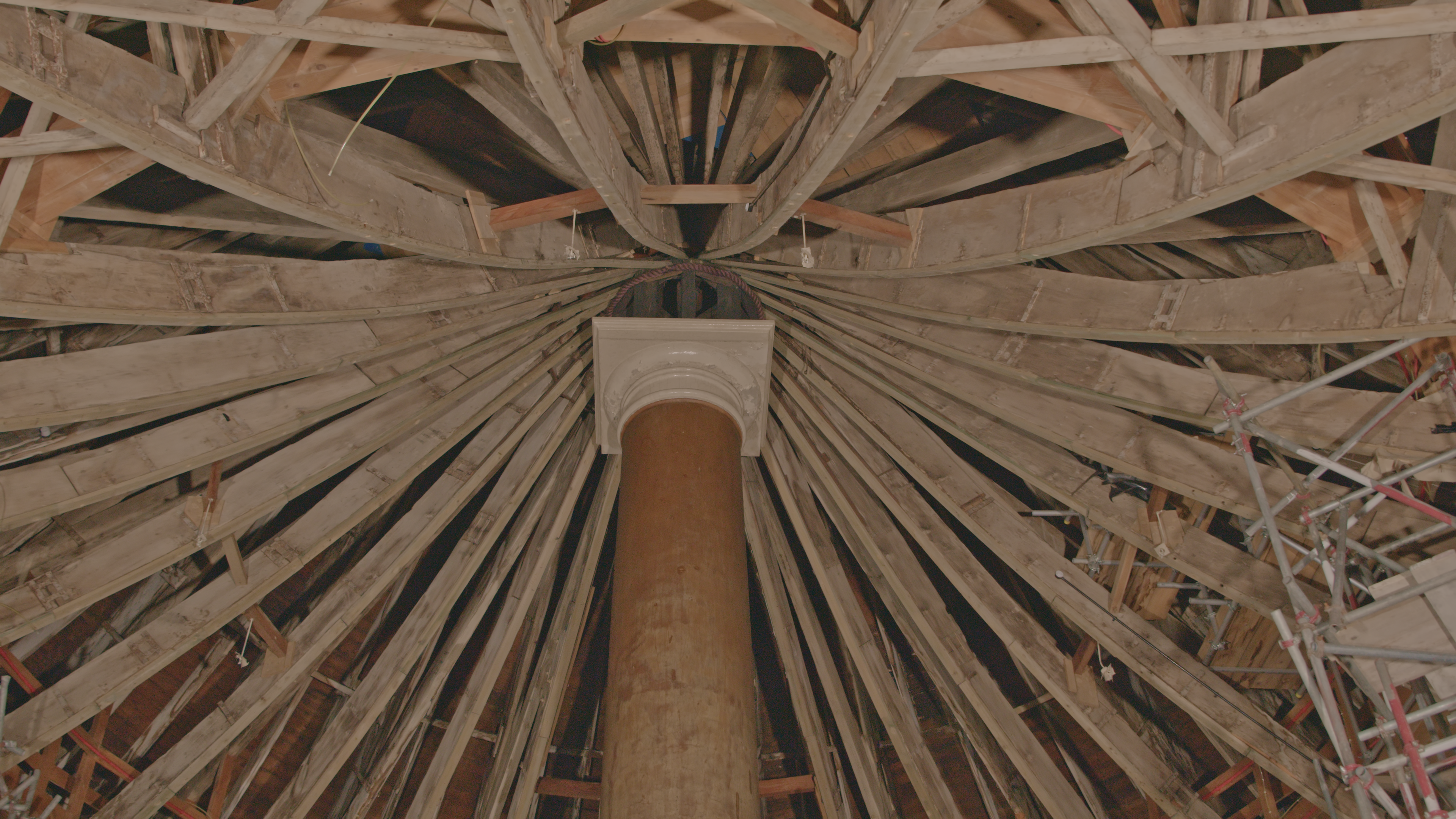 Interior of the Rotunda showing the conoid roof geometry. Twenty-four laminated timber rafters converge at the apex ring beam.
