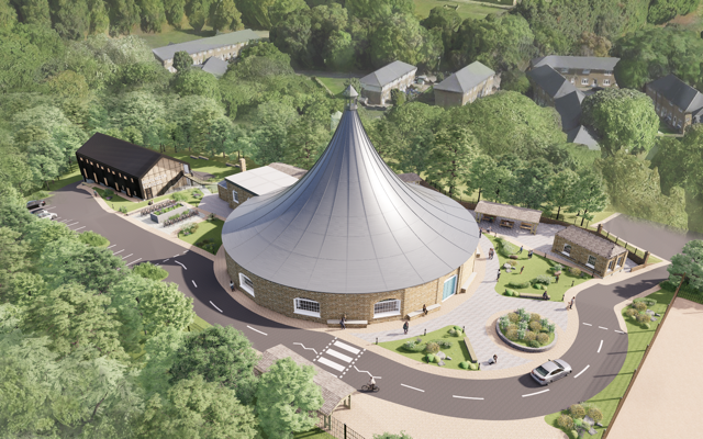 Visualisation of the Rotunda within a restored public realm of paths, seating, and planting.