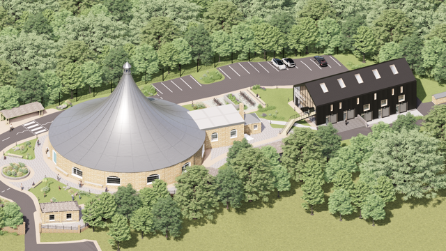 Aerial visualisation of the wider site looking east, with the Rotunda and Woolwich Studios visible.